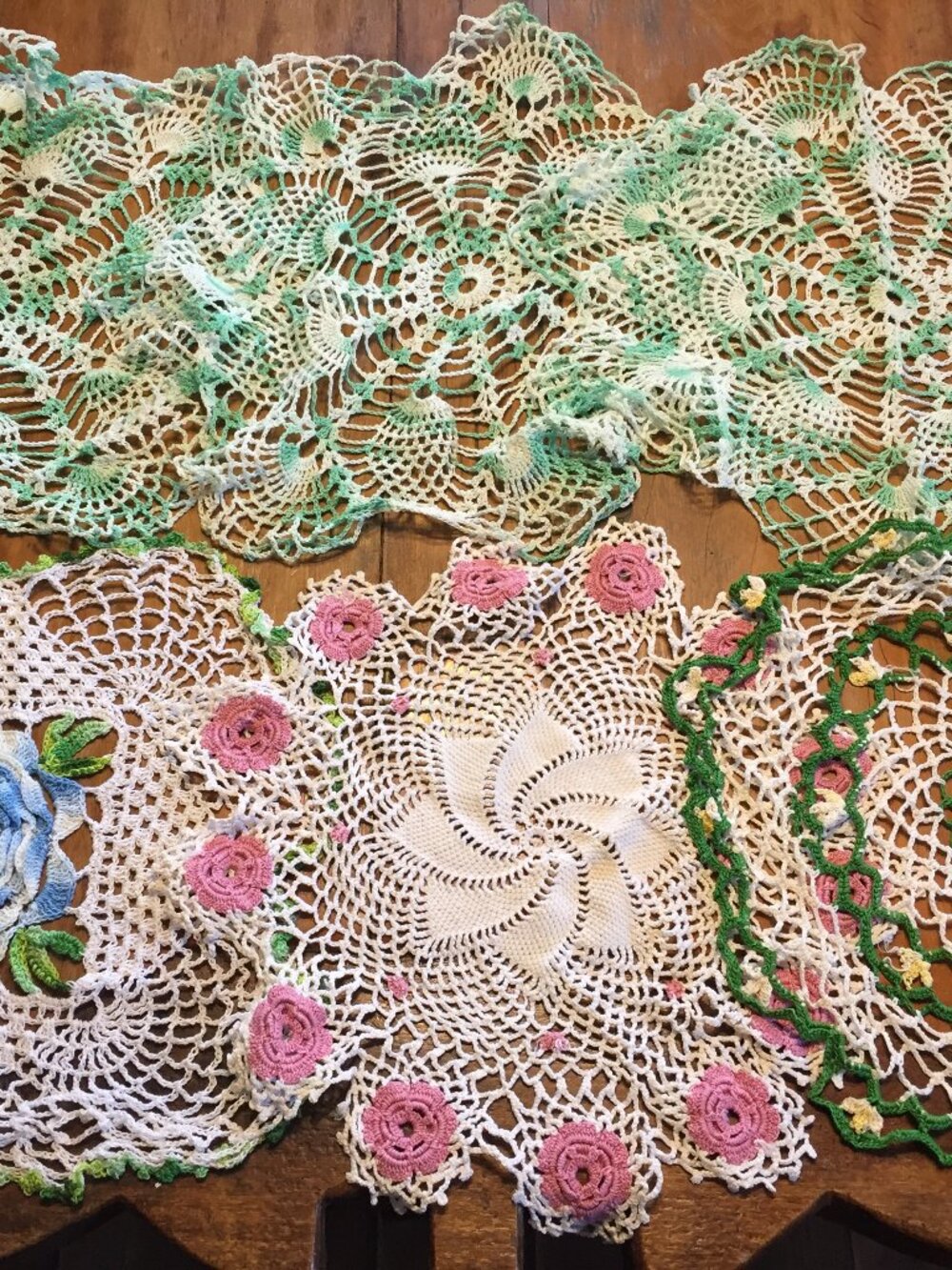 Vintage Lot of 6 Pink,Mint Green,Floral Doilies Scarves,Crocheted Doily